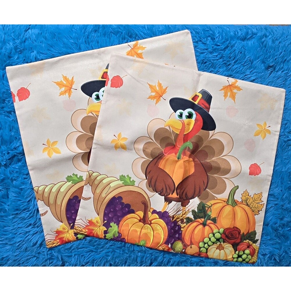 Set of 2  Thanksgiving Fall Turkey Pumpkin Harvest Colorful 18" Pillow Covers